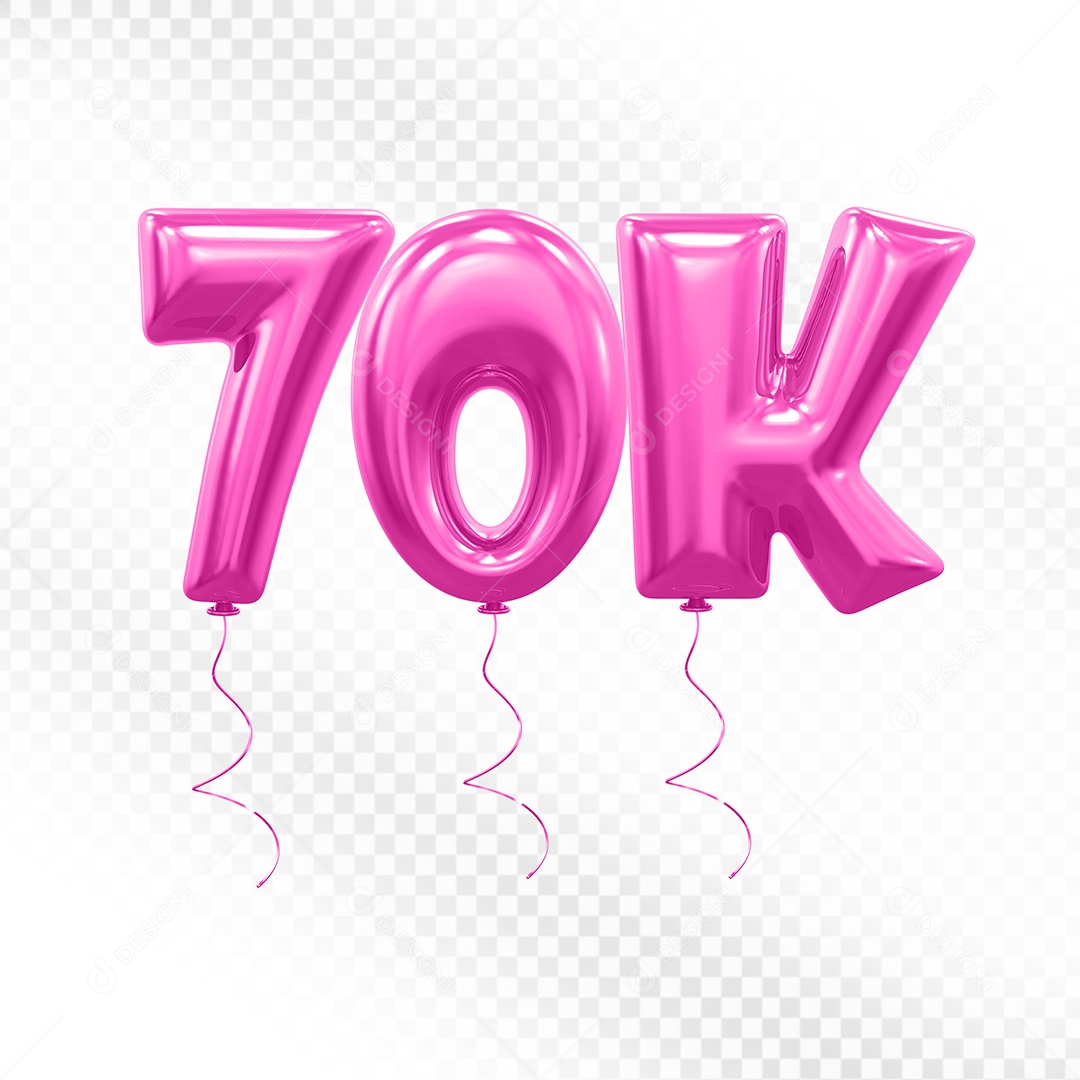 Elemento 3D Balão Rosa de Número 70K para Composição PSD