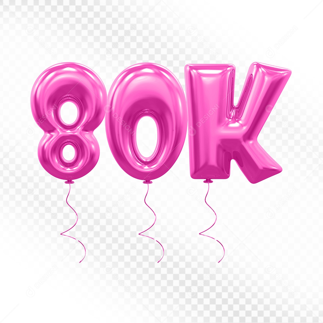 Elemento 3D Balão Rosa de Número 80K para Composição PSD