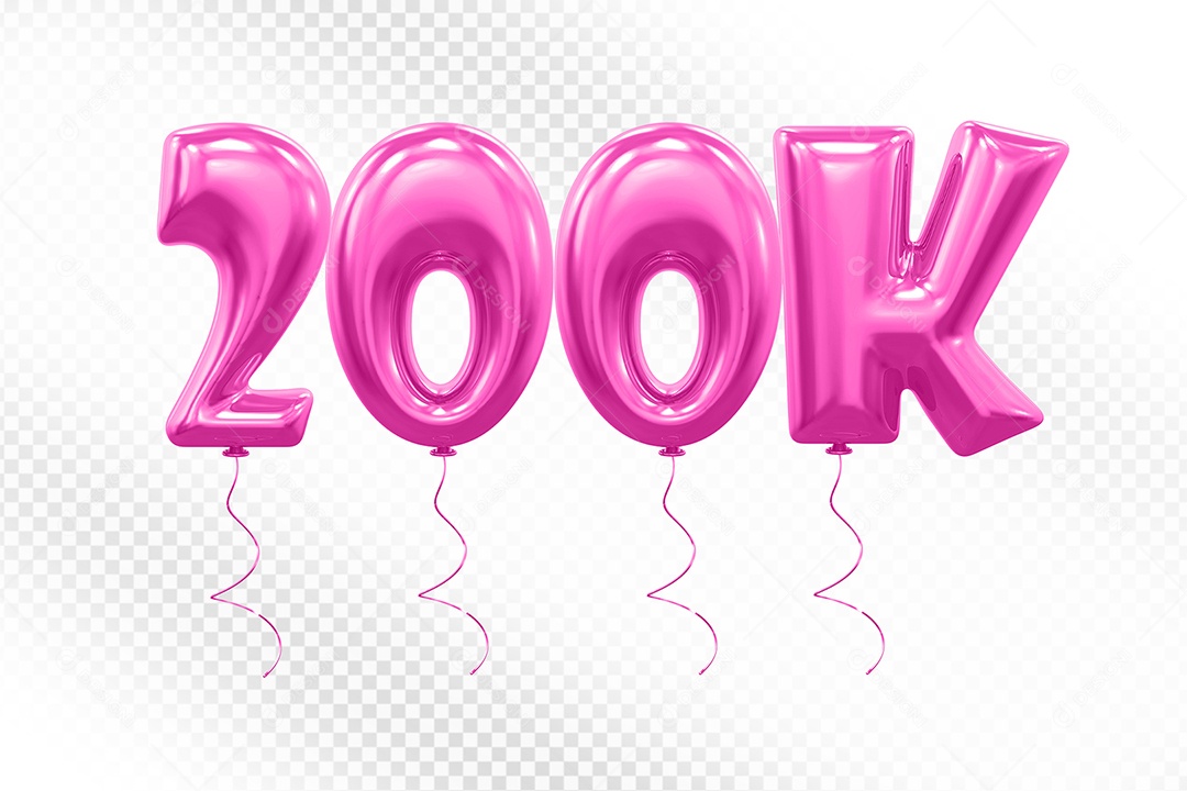 Elemento 3D Balão Rosa de Número 200K para Composição PSD