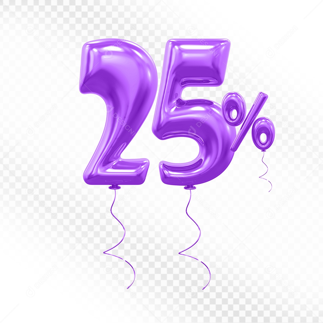 Elemento 3D Balão Roxo de Número 25% para Composição PSD