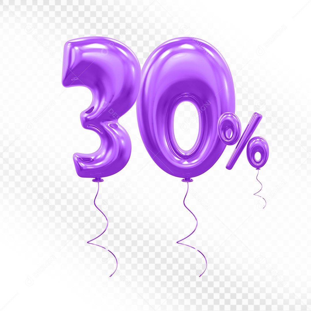 Elemento 3D Balão Roxo de Número 30% para Composição PSD