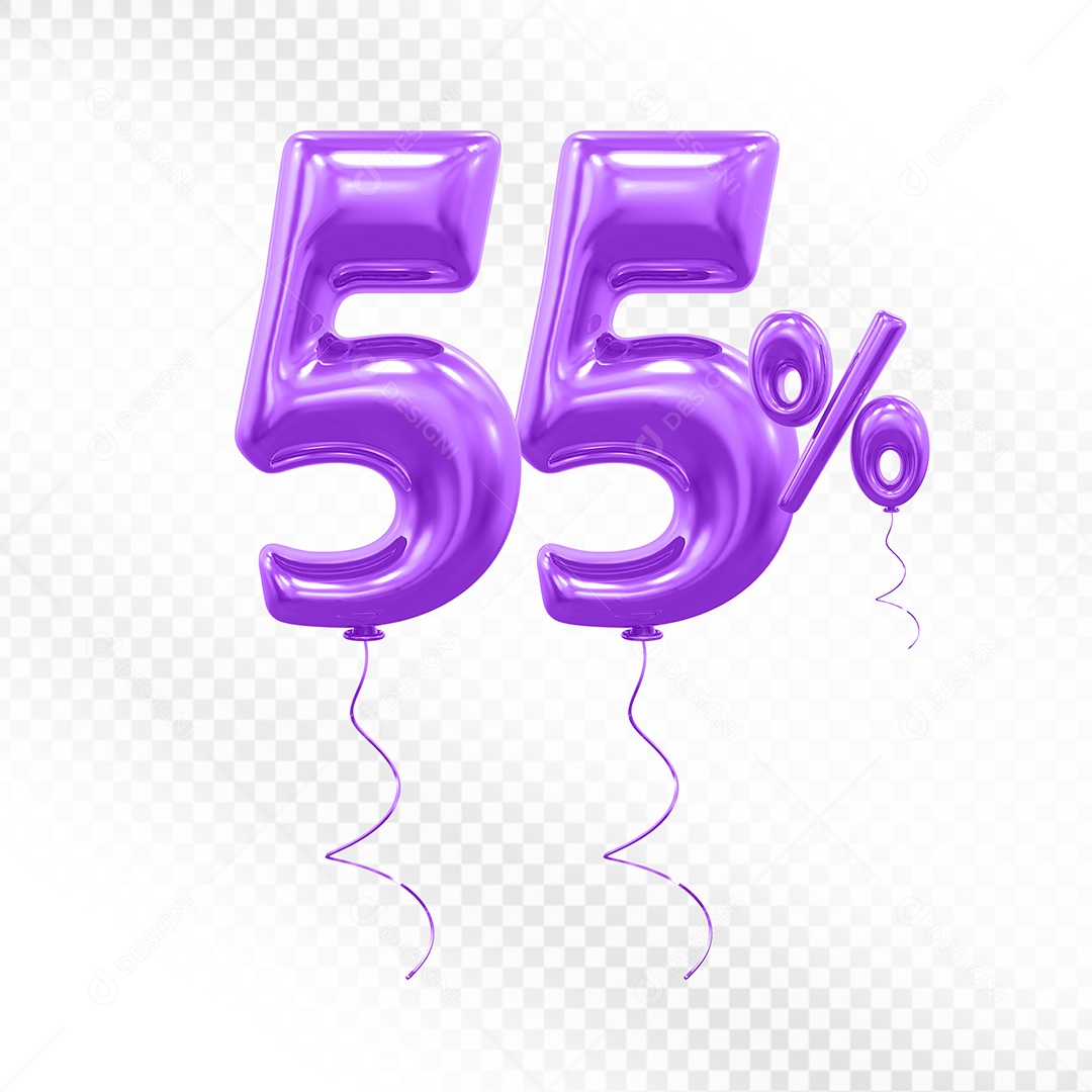 Elemento 3D Balão Roxo de Número 55% para Composição PSD