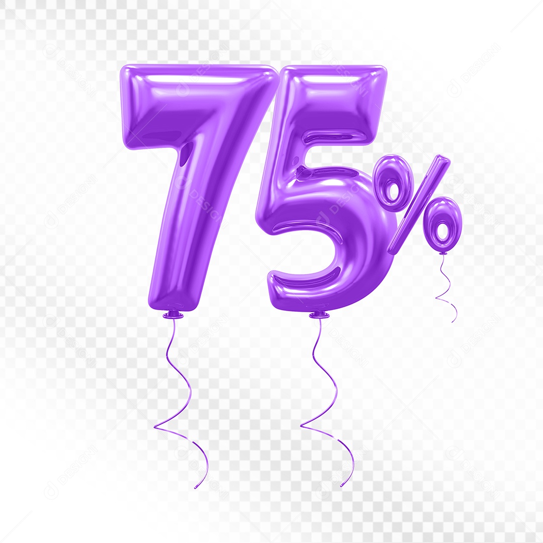 Elemento 3D Balão Roxo de Número 75% para Composição PSD