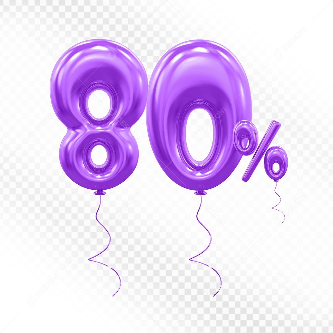 Elemento 3D Balão Roxo de Número 80% para Composição PSD