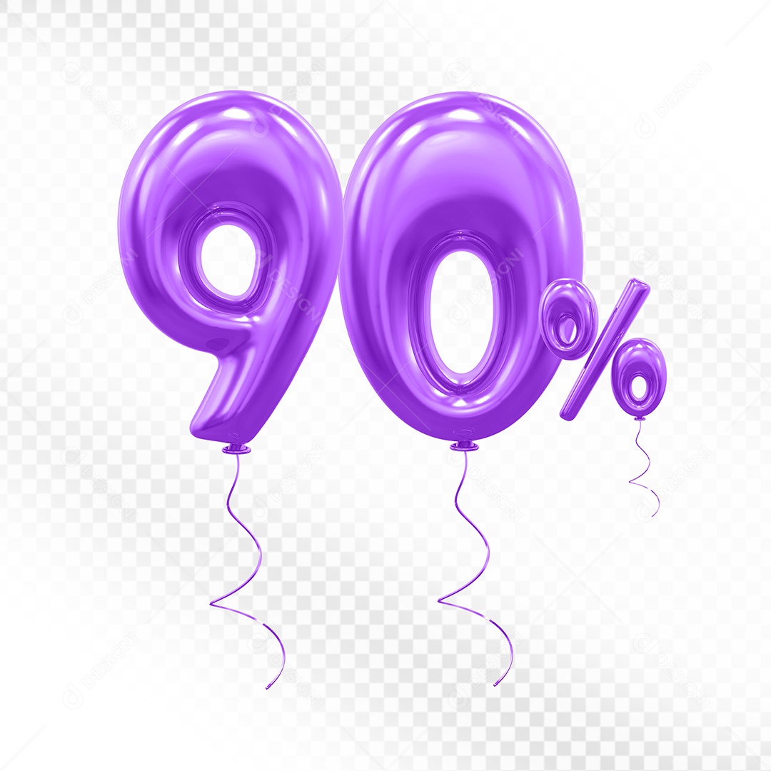 Elemento 3D Balão Roxo de Número 90% para Composição PSD