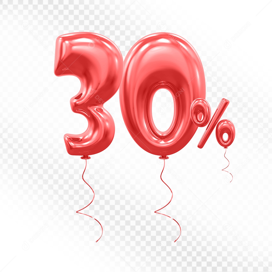 Balão 3D Número 30% Vermelho Elemento Para Composição PSD