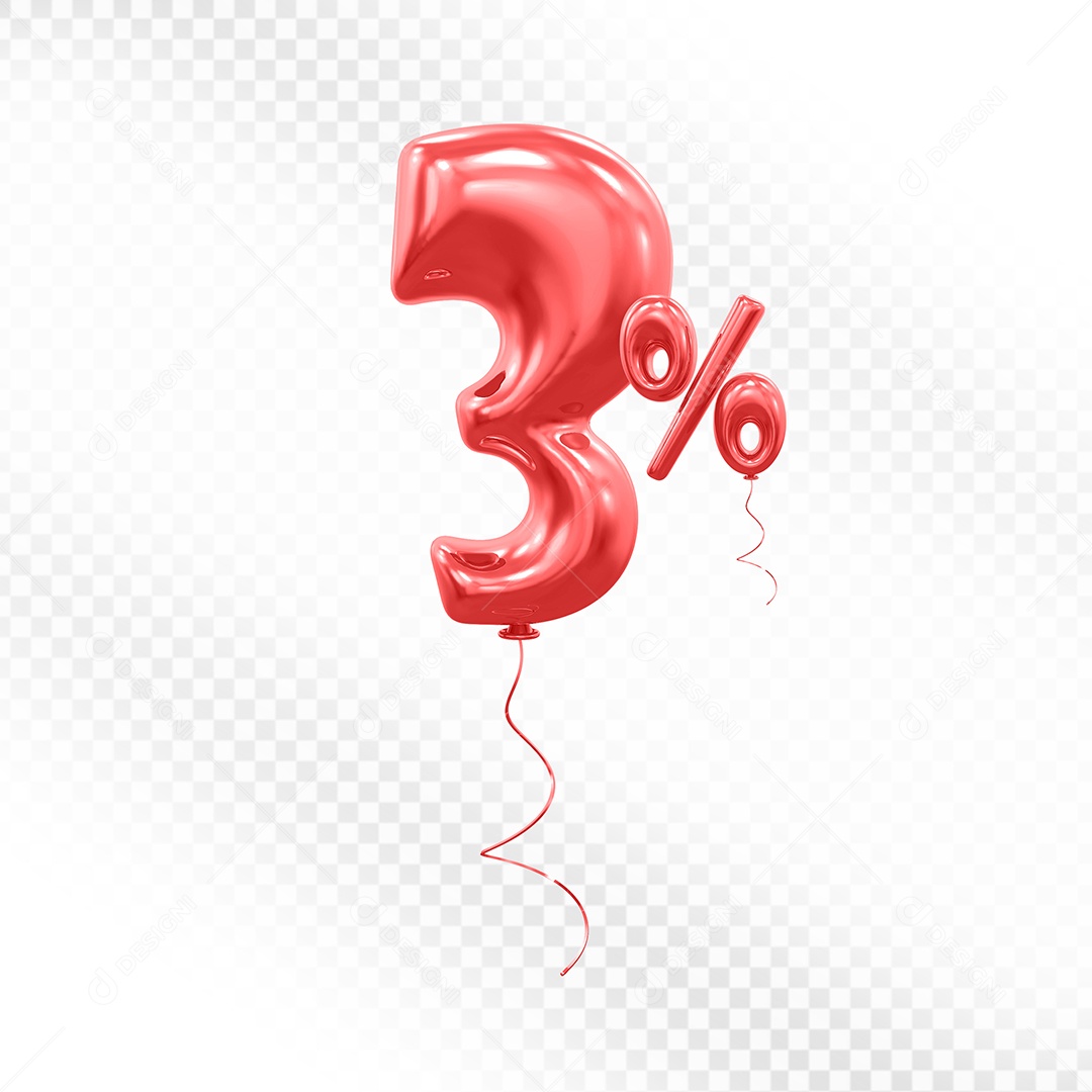 Balão Vermelho 3D Número 3% Elemento Para Composição PSD