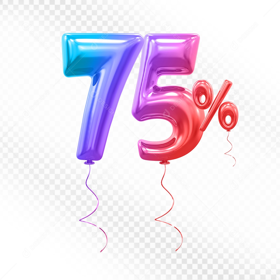 Balão 3D Número 75% Colorido Elemento Para Composição PSD