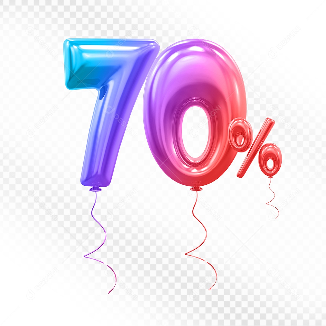 Balão 3D Número 70% Colorido Elemento Para Composição PSD
