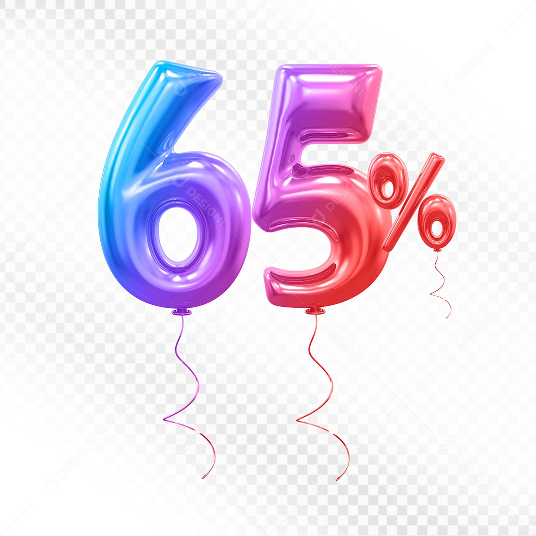 Balão 3D Número 65% Colorido Elemento Para Composição PSD