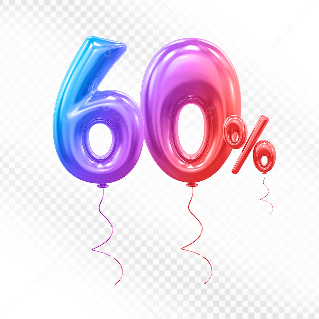 Balão 3D Número 60% Colorido Elemento Para Composição PSD