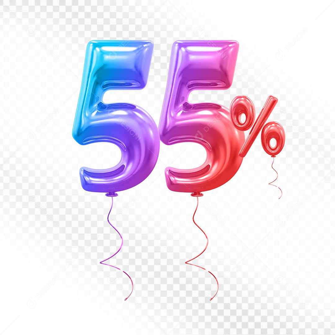 Balão 3D Número 55% Colorido Elemento Para Composição PSD