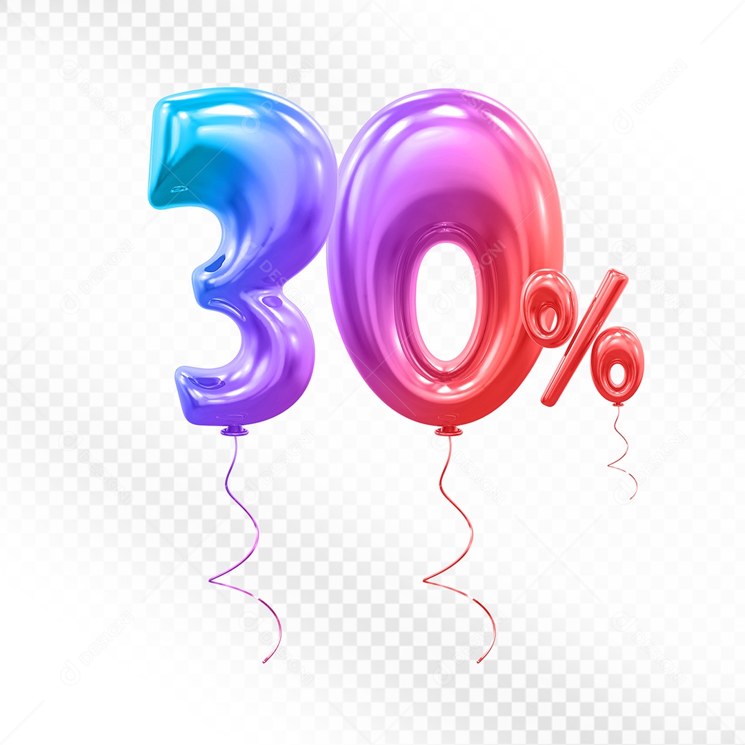Balão 3D Número 30% Colorido Elemento Para Composição PSD