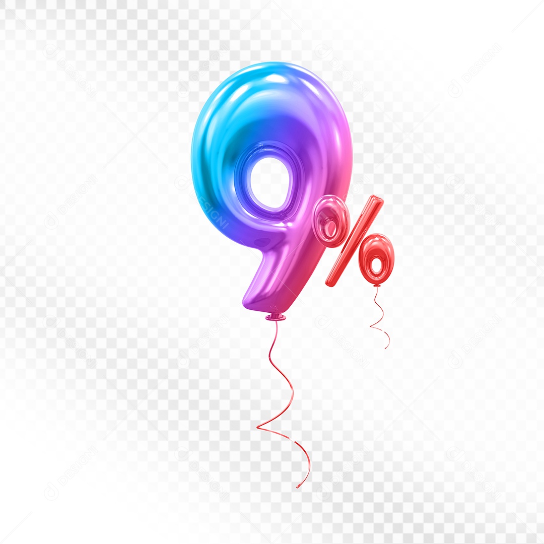 Balão 3D Número 9% Colorido Elemento Para Composição PSD