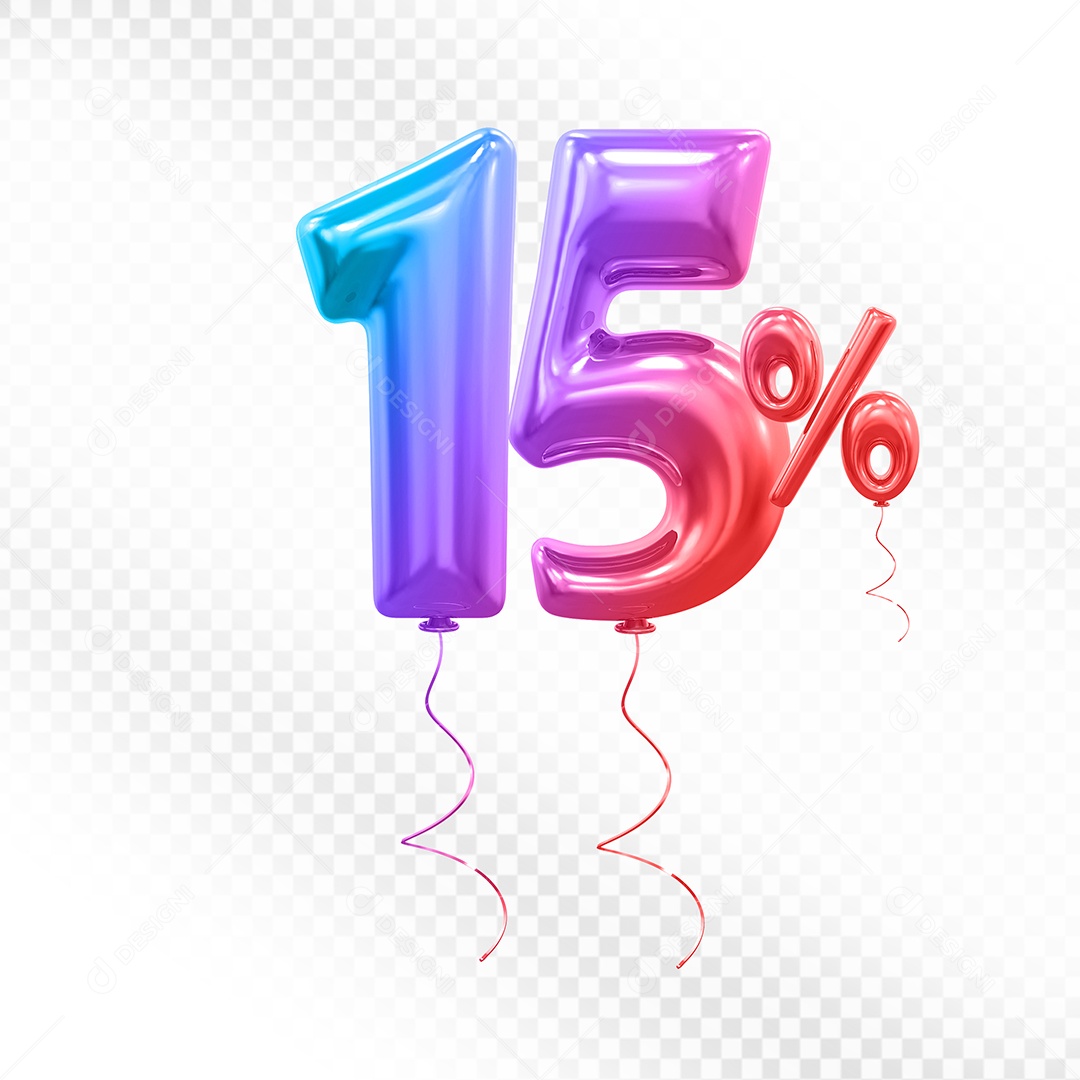 Balão 3D Número 15% Colorido Elemento Para Composição PSD