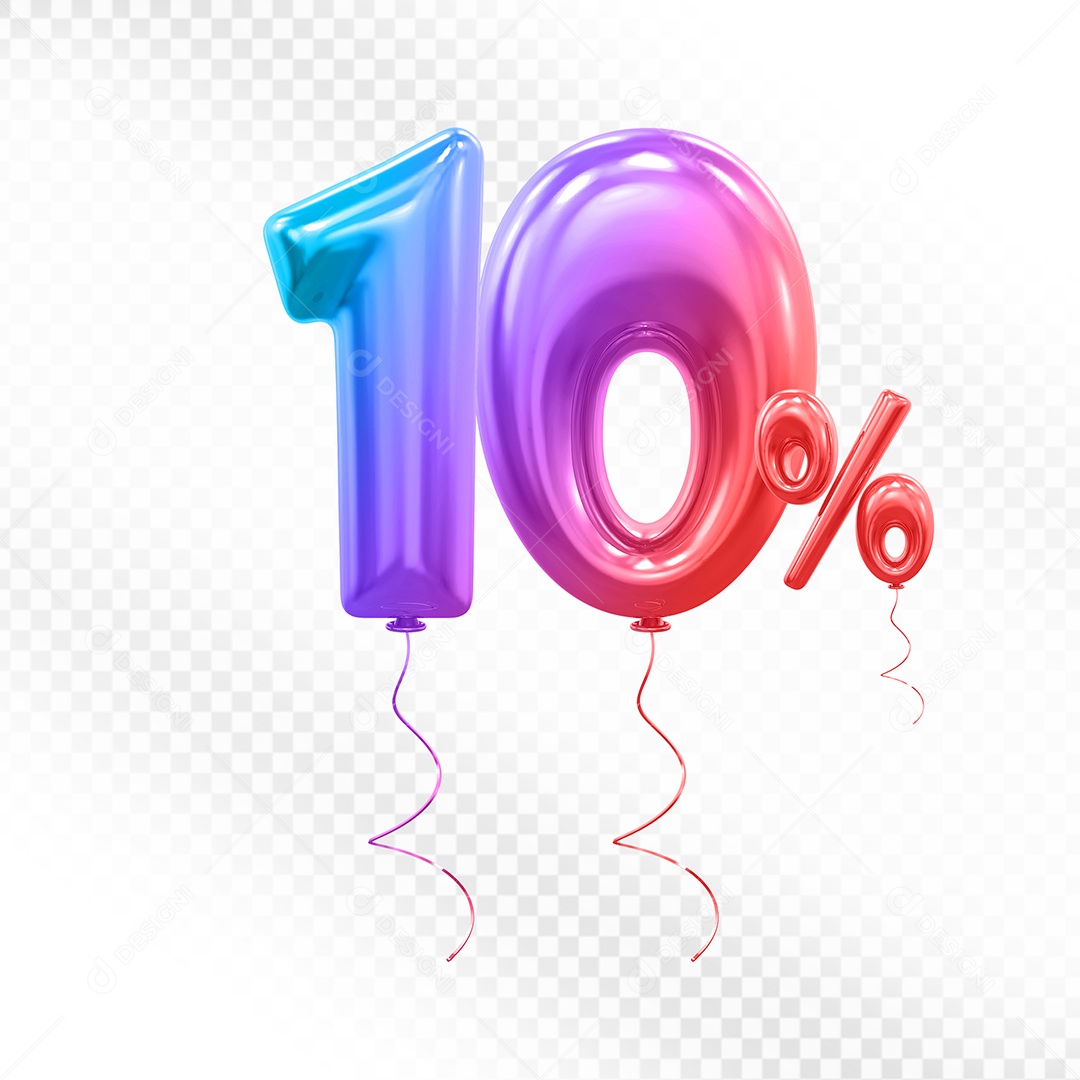 Balão 3D Número 10% Colorido Elemento Para Composição PSD