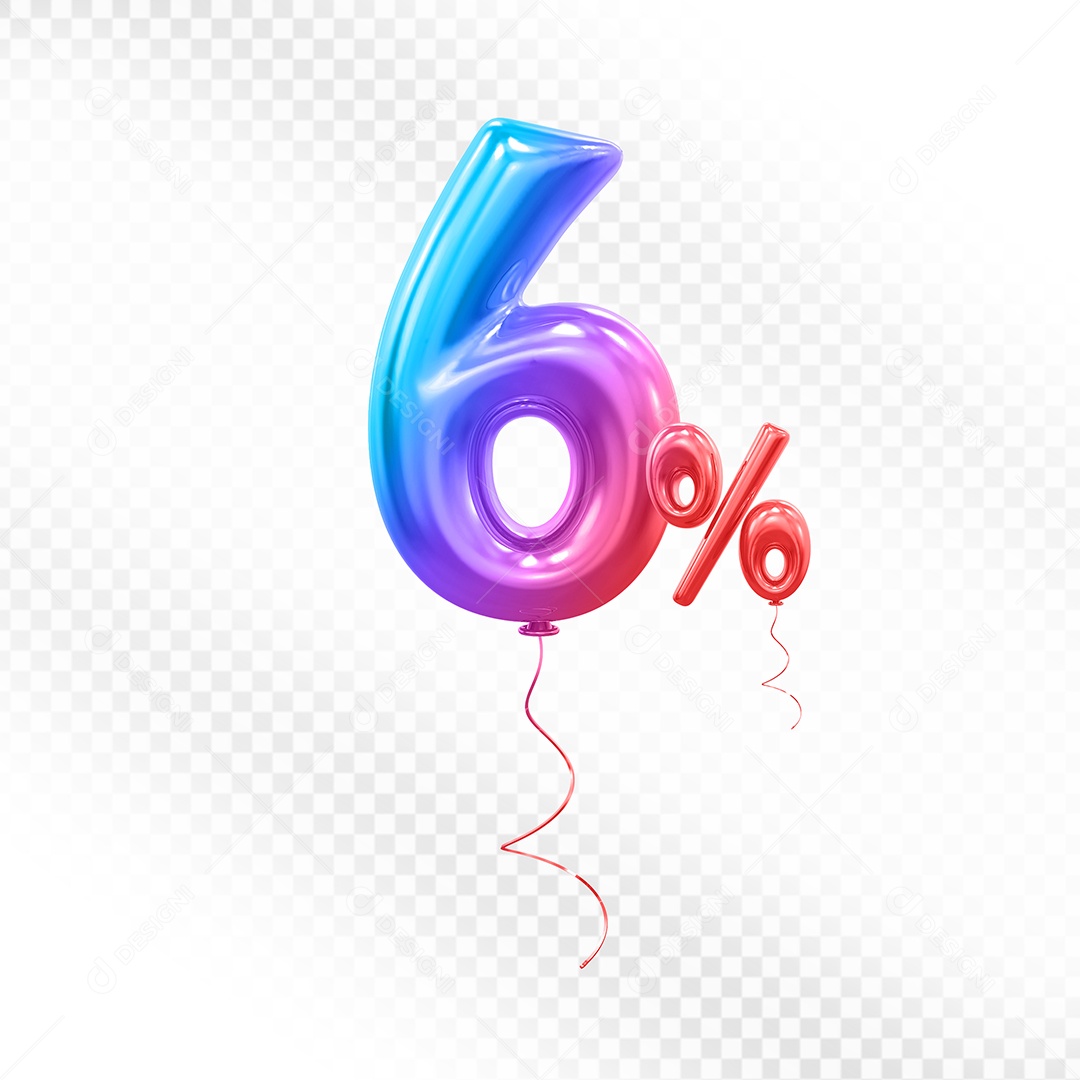 Balão 3D Número 6% Colorido Elemento Para Composição PSD