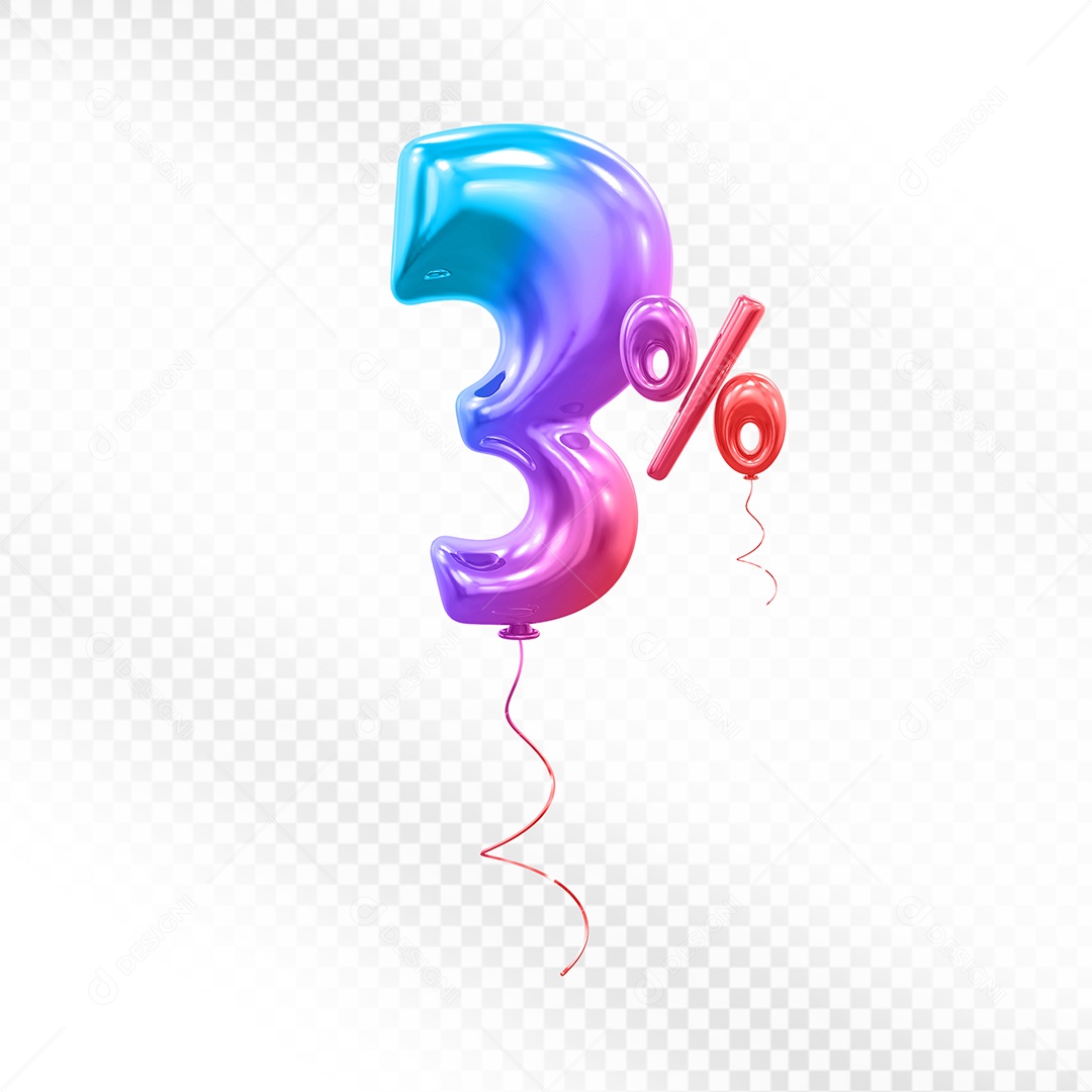Balão 3D Número 3% Colorido Elemento Para Composição PSD