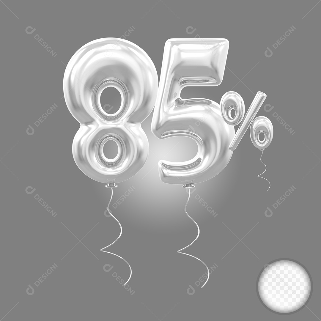 Balão Prata 3D Número 85% Elemento Para Composição PSD