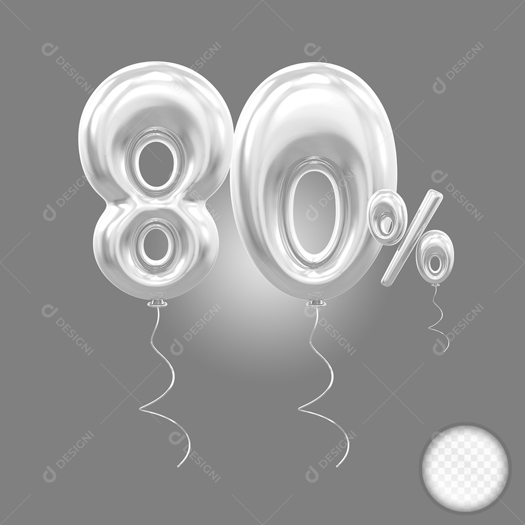 Balão Prata 3D Número 80% Elemento Para Composição PSD