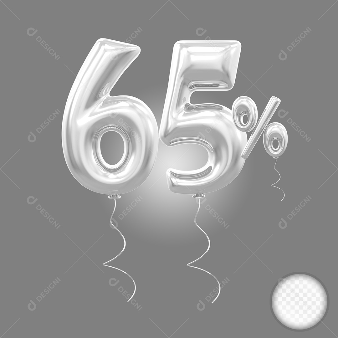 Balão Prata 3D Número 65% Elemento Para Composição PSD