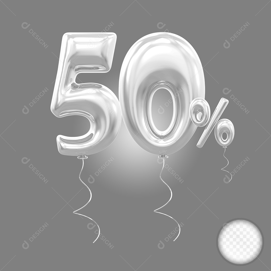 Balão Prata 3D Número 50% Elemento Para Composição PSD
