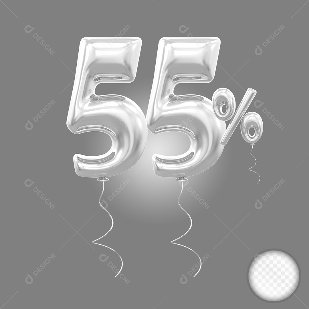 Balão Prata 3D Número 55% Elemento Para Composição PSD