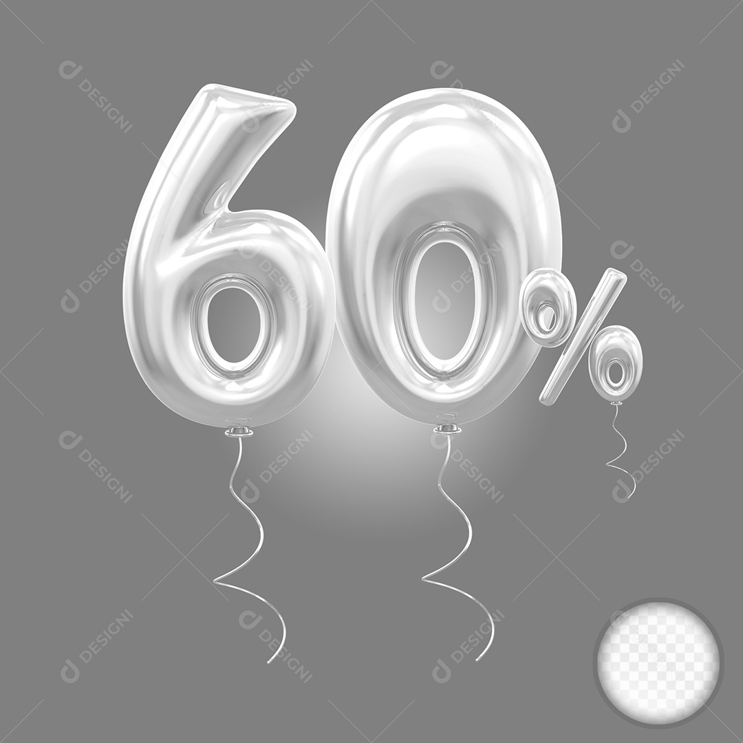 Balão Prata 3D Número 60% Elemento Para Composição PSD