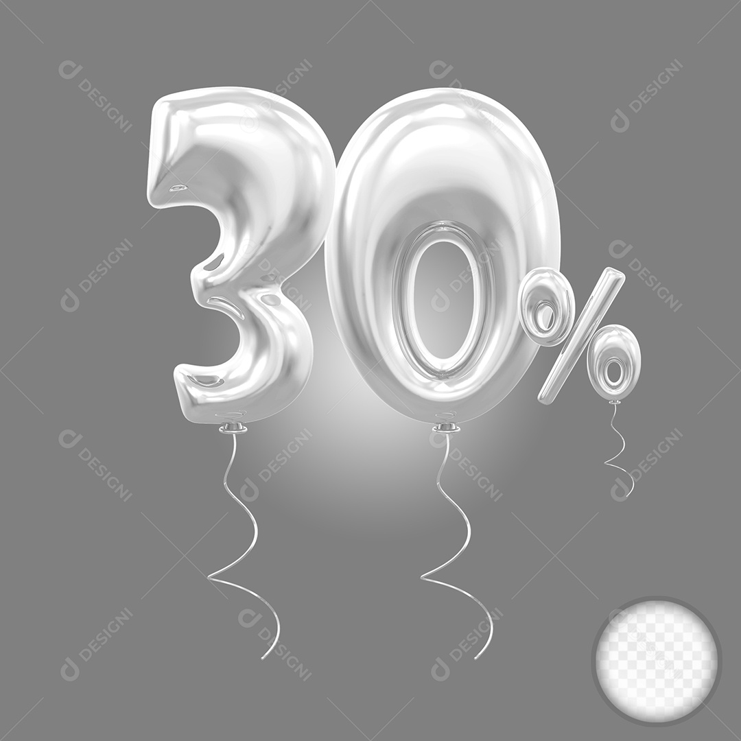 Balão Prata 3D Número 30% Elemento Para Composição PSD