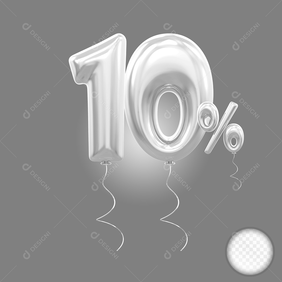 Balão Prata 3D Número 10% Elemento Para Composição PSD