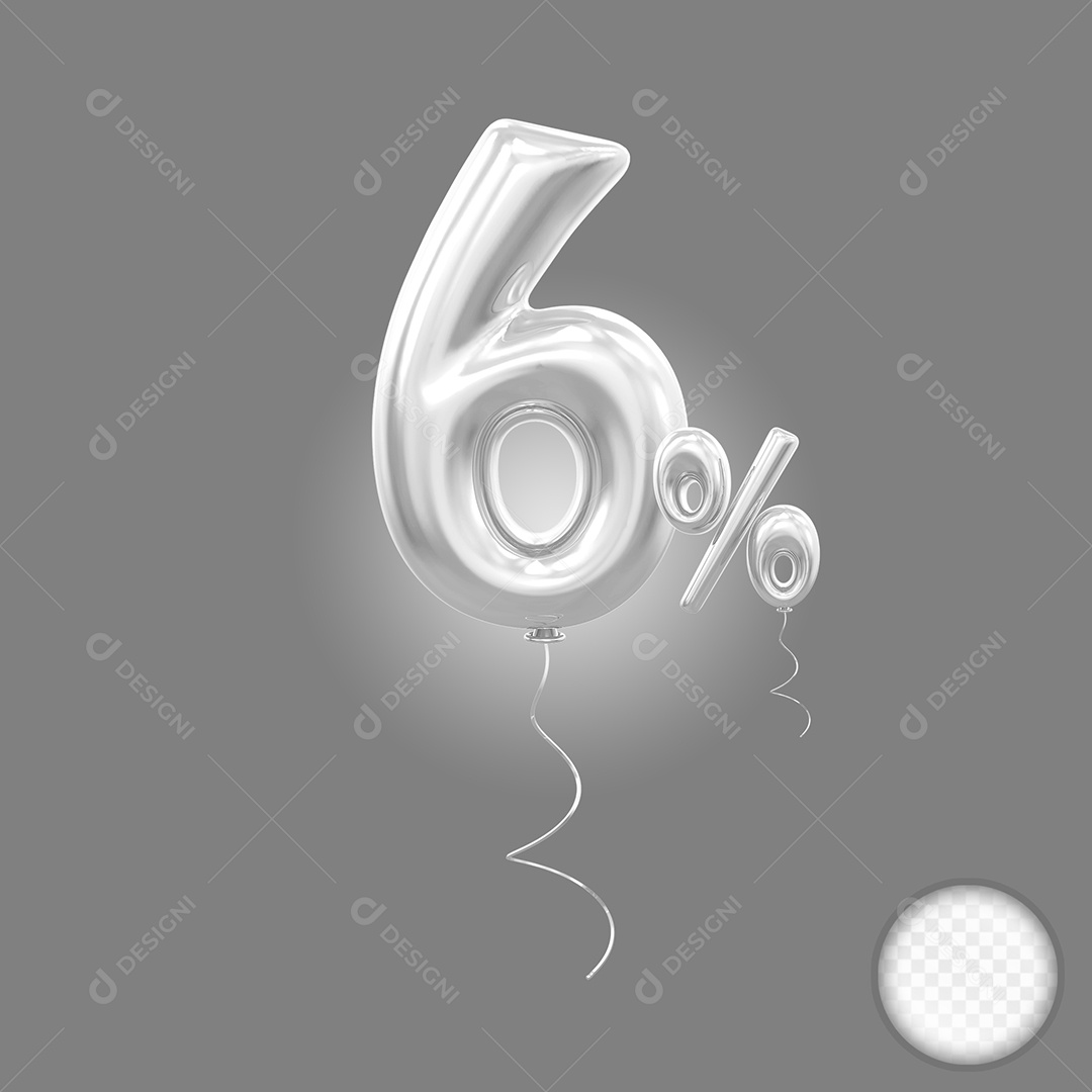 Balão Prata 3D Número 6% Elemento Para Composição PSD