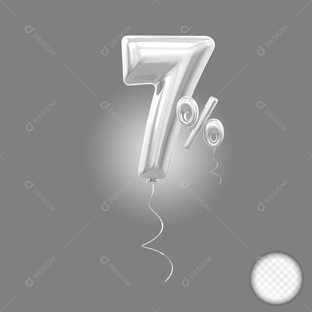Balão Prata 3D Número 7% Elemento Para Composição PSD