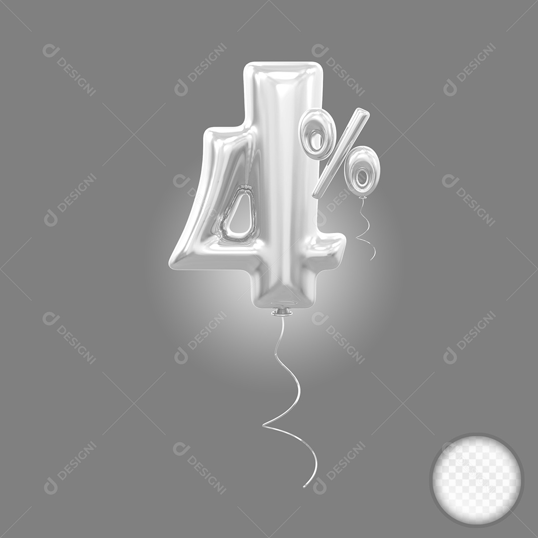 Balão Prata 3D Número 4% Elemento Para Composição PSD