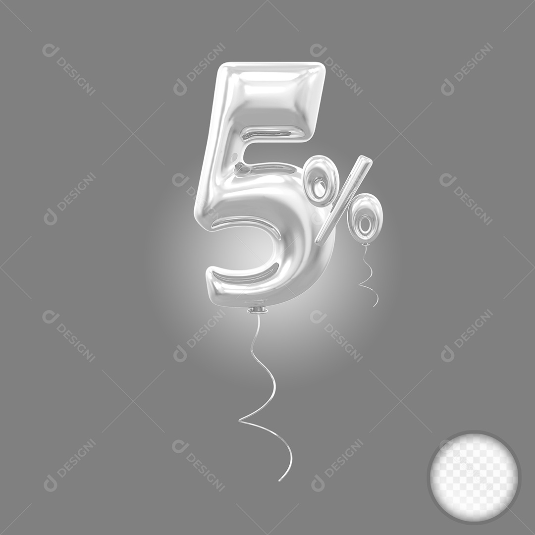 Balão Prata 3D Número 5% Elemento Para Composição PSD