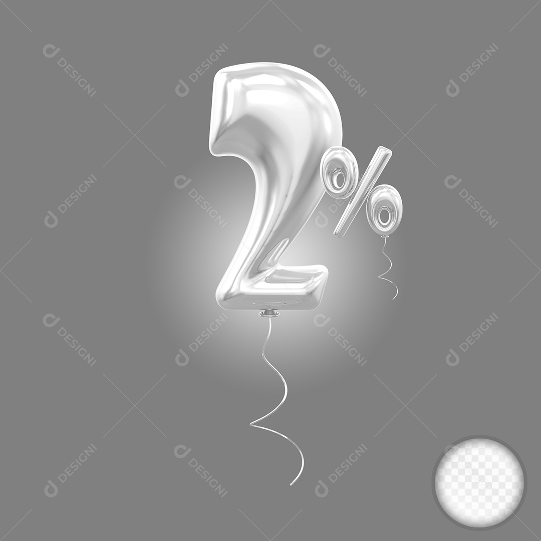 Balão Prata 3D Número 2% Elemento Para Composição PSD