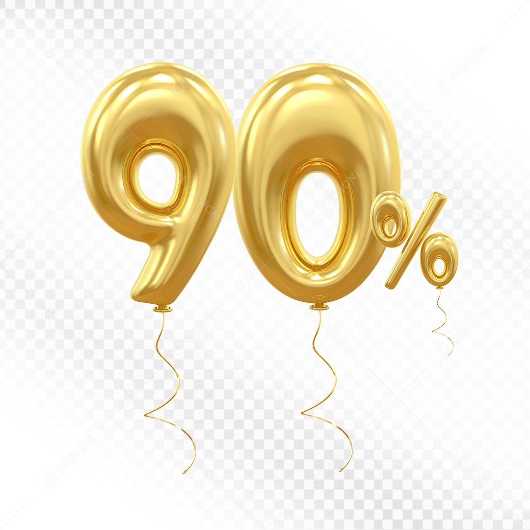 Balão Dourado 3D Número 90% Elemento Para Composição PSD