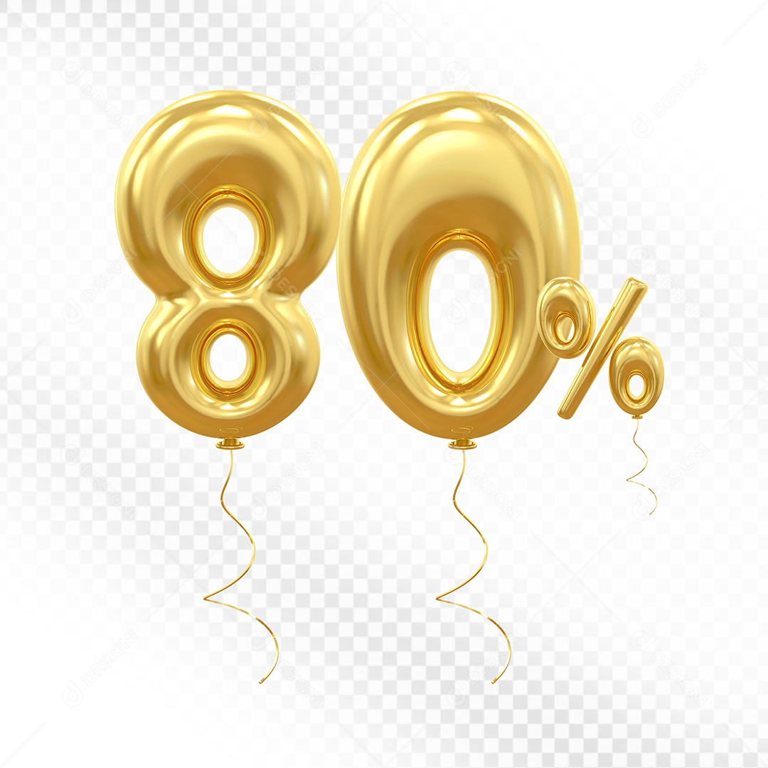 Balão Dourado 3D Número 80% Elemento Para Composição PSD