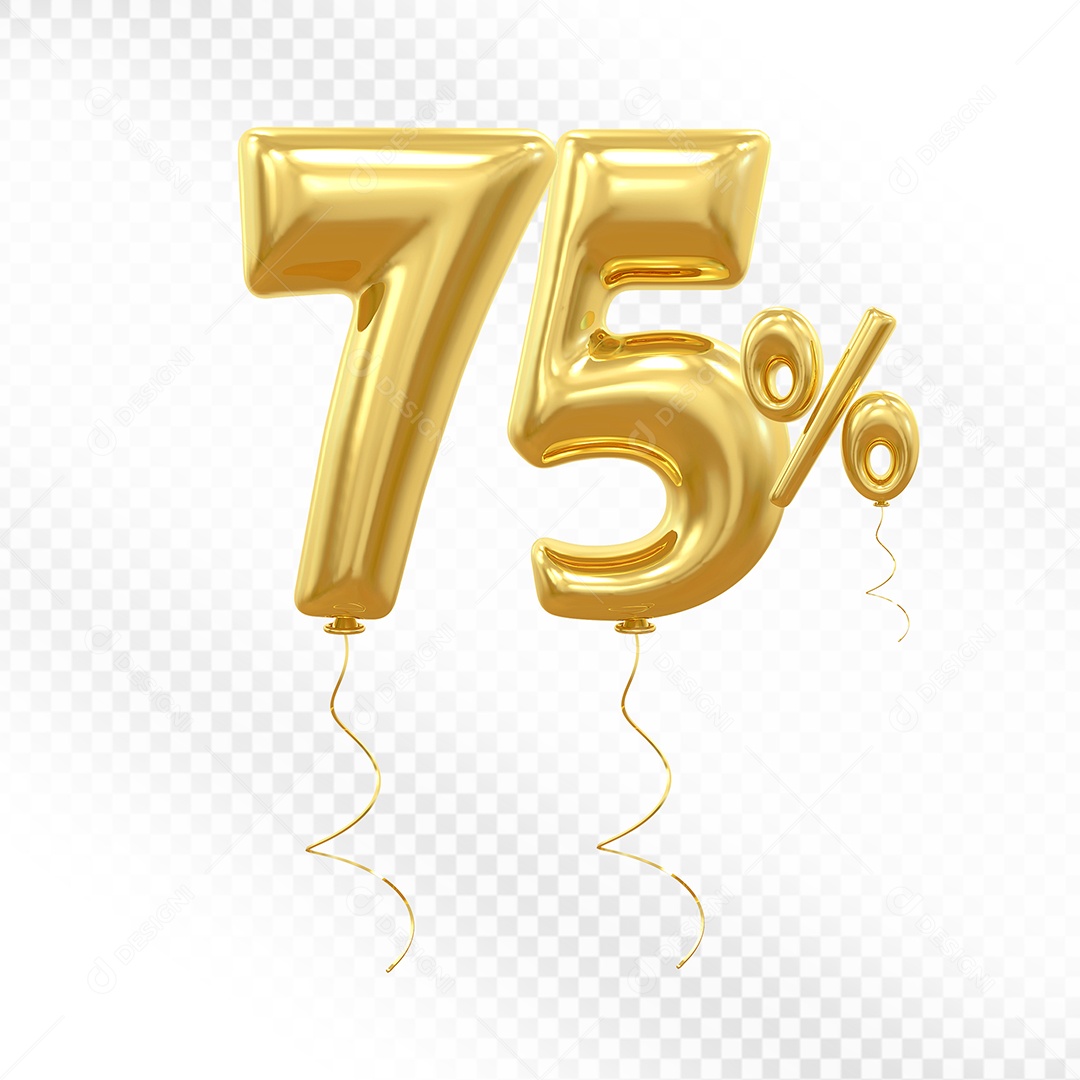 Balão Dourado 3D Número 75% Elemento Para Composição PSD
