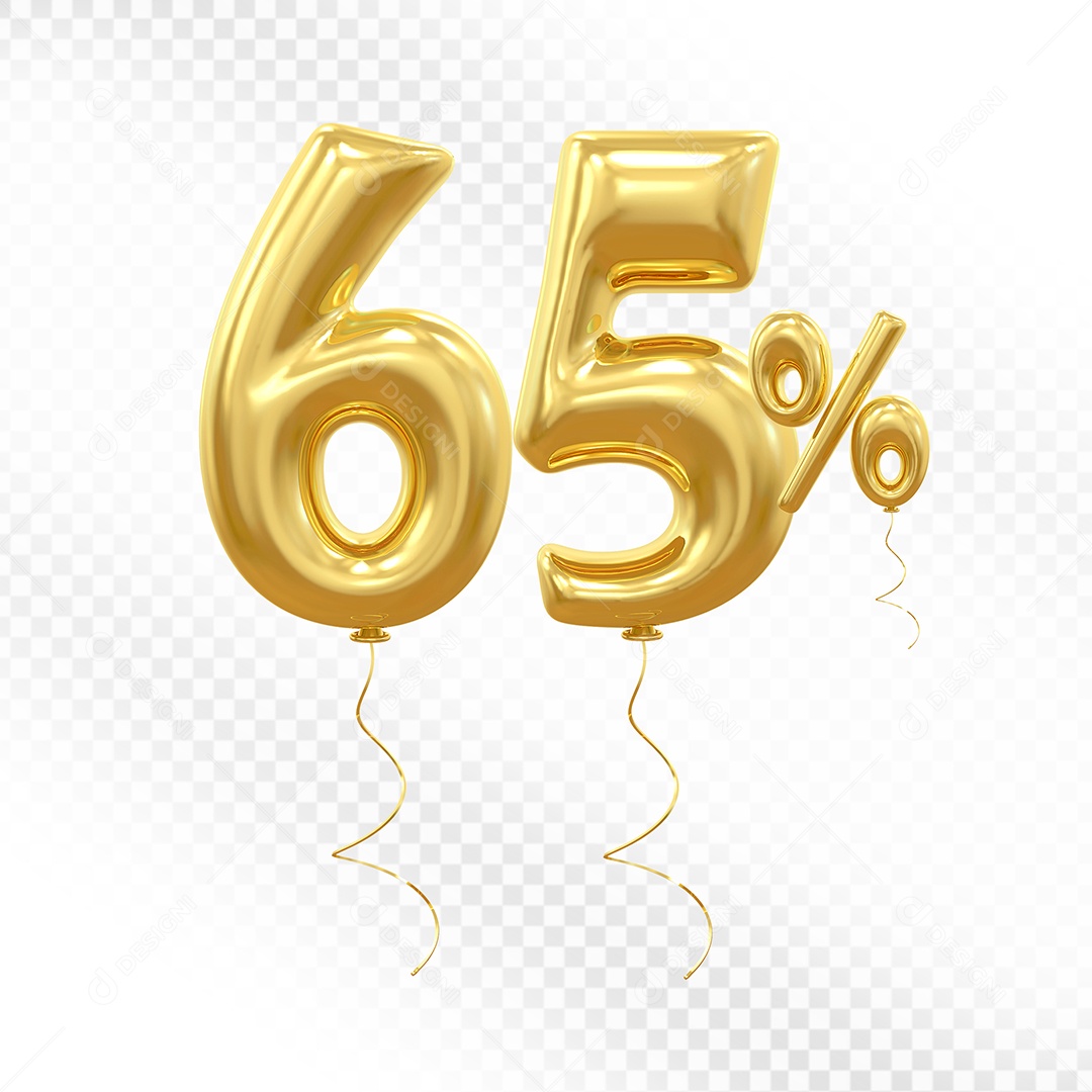 Balão Dourado 3D Número 65% Elemento Para Composição PSD