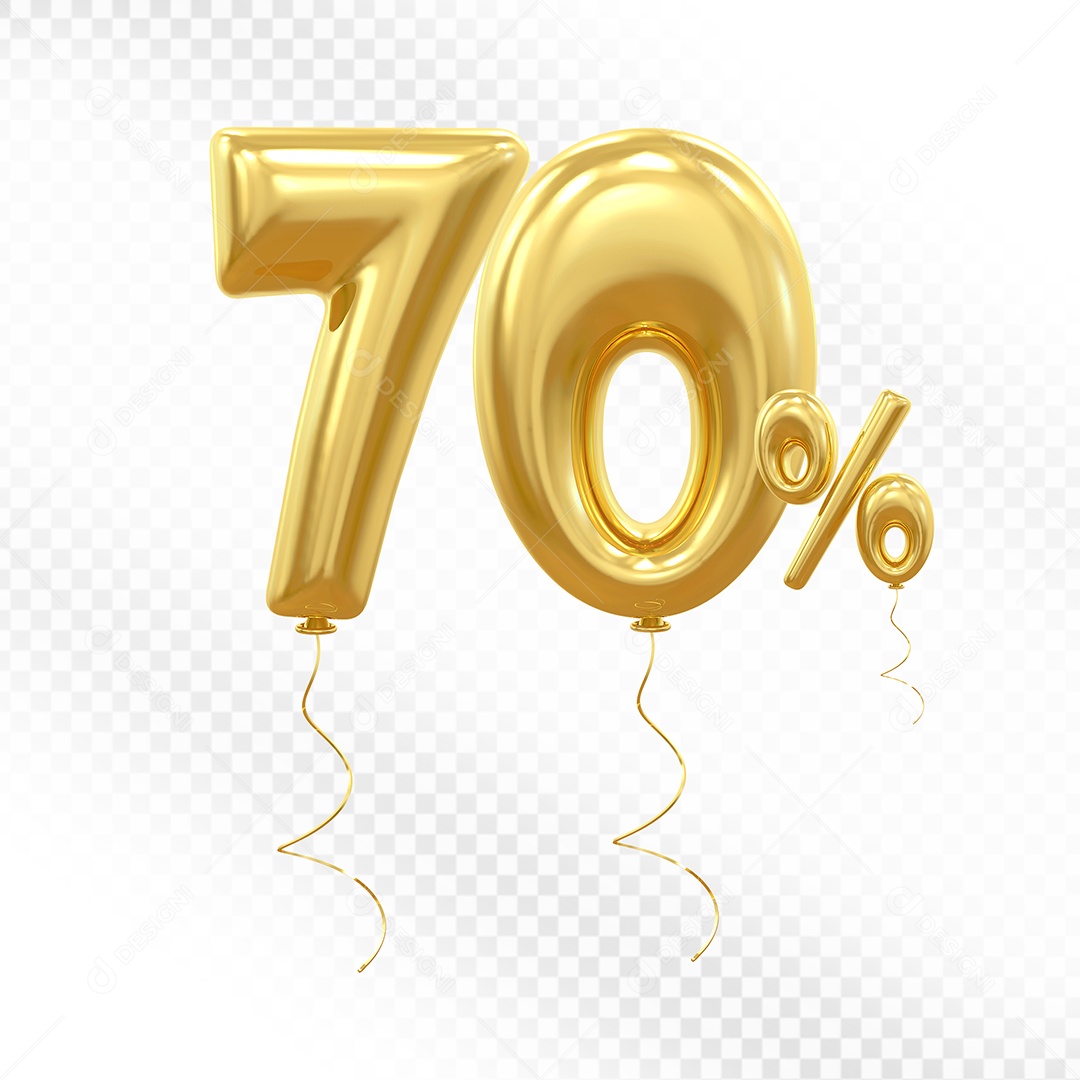 Balão Dourado 3D Número 70% Elemento Para Composição PSD