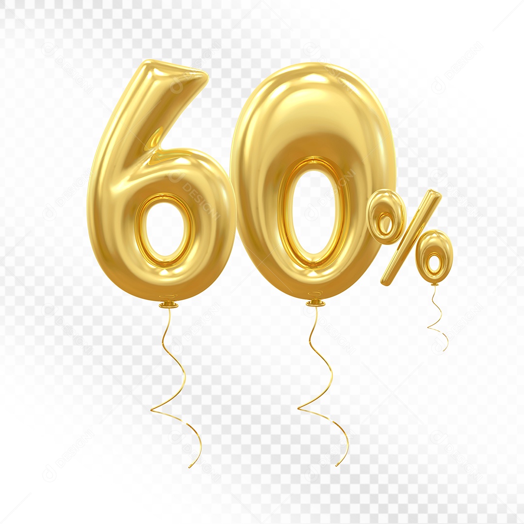 Balão Dourado 3D Número 60% Elemento Para Composição PSD