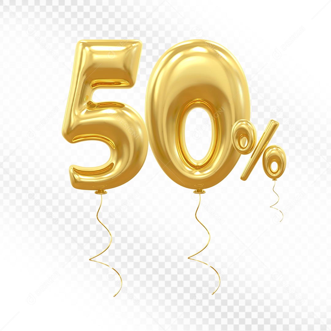 Balão Dourado 3D Número 50% Elemento Para Composição PSD