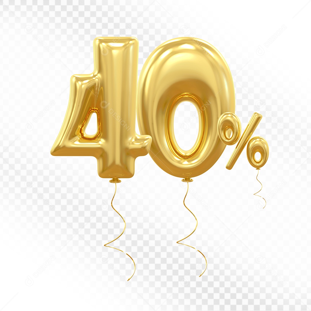 Balão Dourado 3D Número 40% Elemento Para Composição PSD