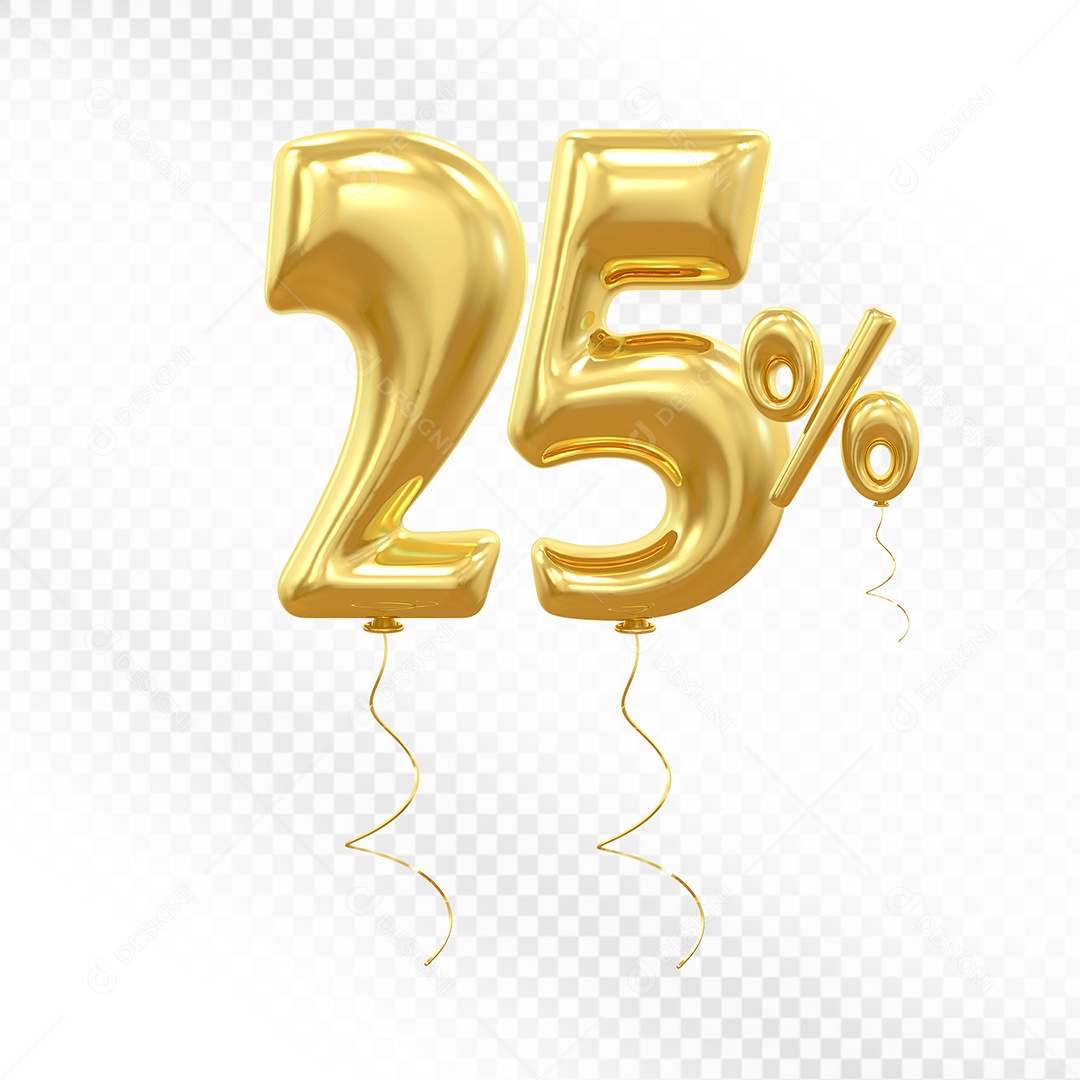 Balão 3D Número 25% Dourado Elemento Para Composição PSD