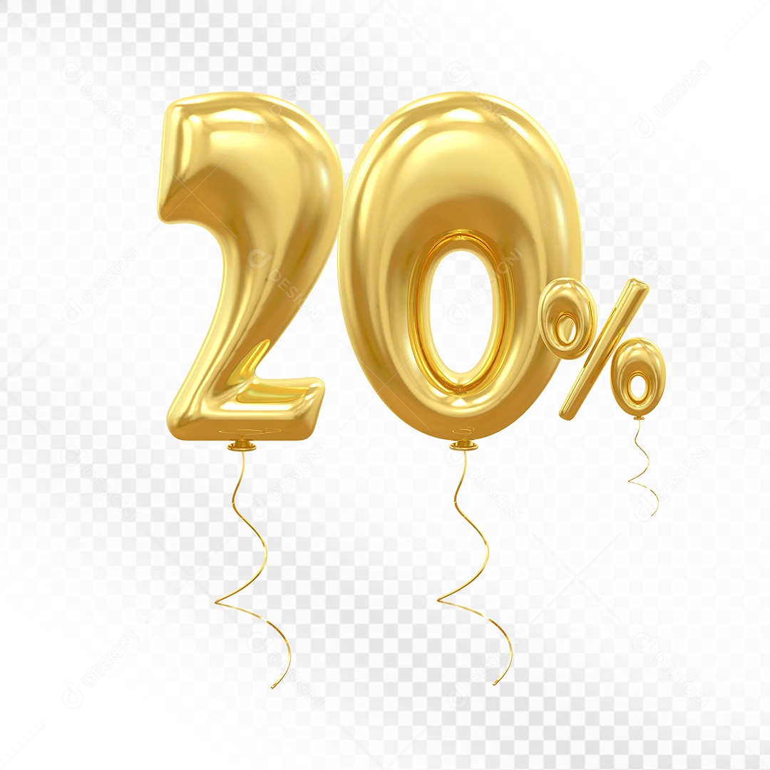 Balão 3D Número 20% Dourado Elemento Para Composição PSD