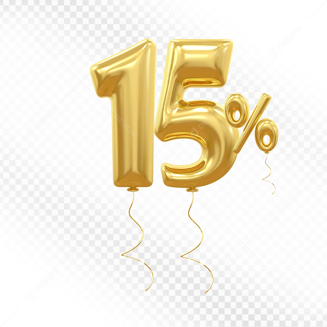 Balão 3D Número 15% Dourado Elemento Para Composição PSD