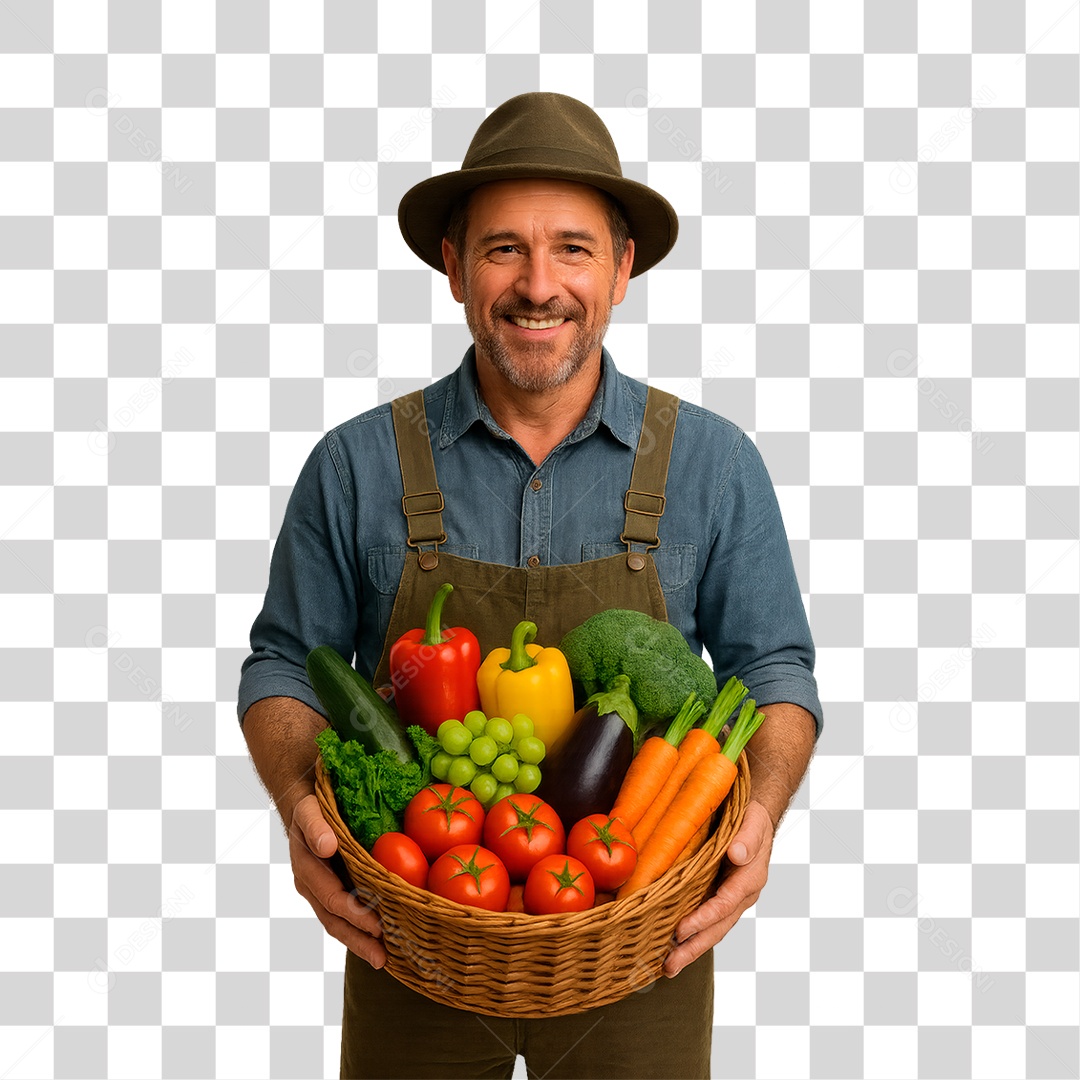 Homem Segurando Cesta de Verduras PNG Transparente