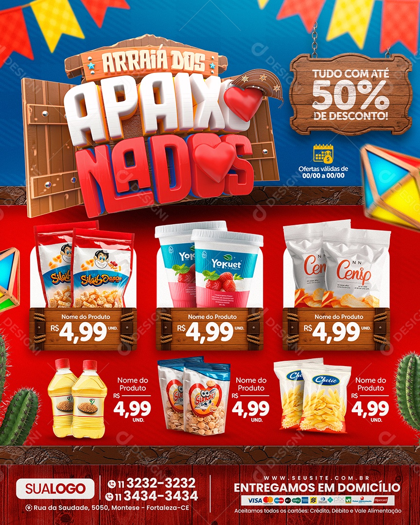 Tabloide Arraiá dos Apaixonados Tudo com Até 50% de Desconto Social Media PSD Editável