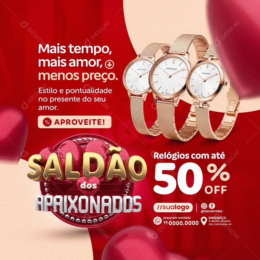 Saldão dos Apaixonados Relojoaria Relógios com Até 50% Off Social Media PSD Editável