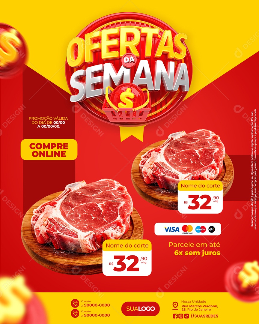 Ofertas da Semana Supermercado Açougue Cortes de Carne Social Media PSD Editável
